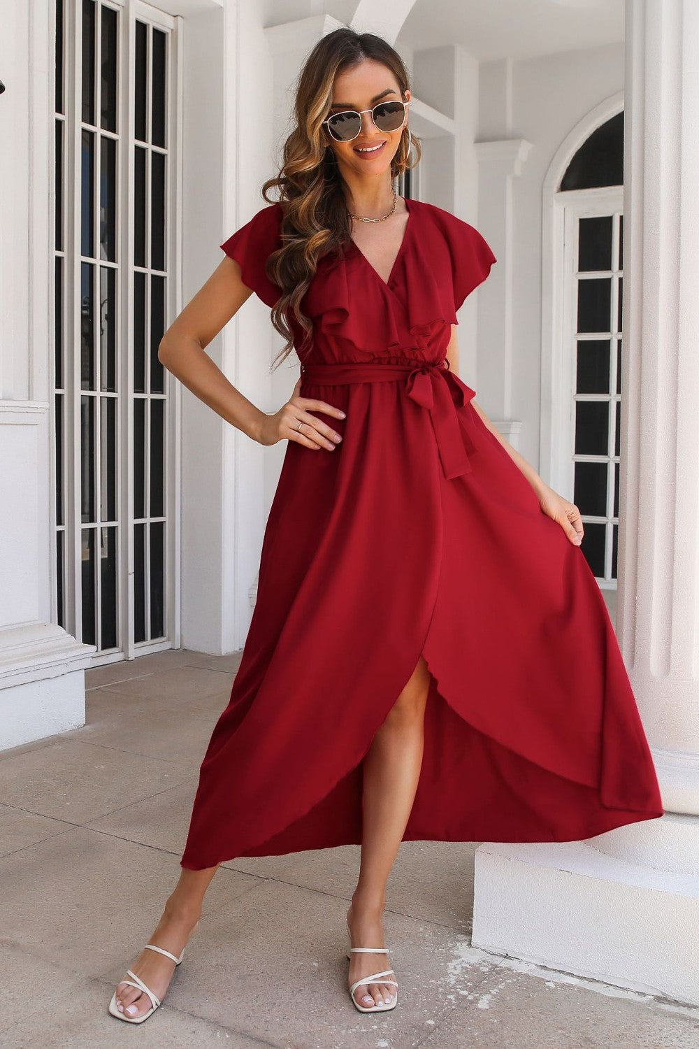 Ruffled Surplice Tie Waist Slit Midi Dress