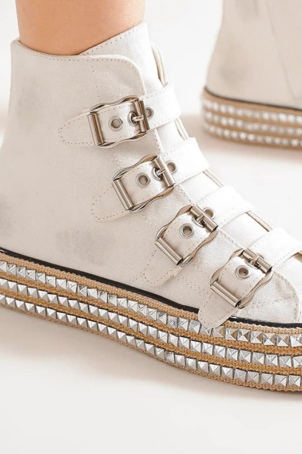 Beast Fashion Multi-Buckle Straps Studded Platform Sneakers