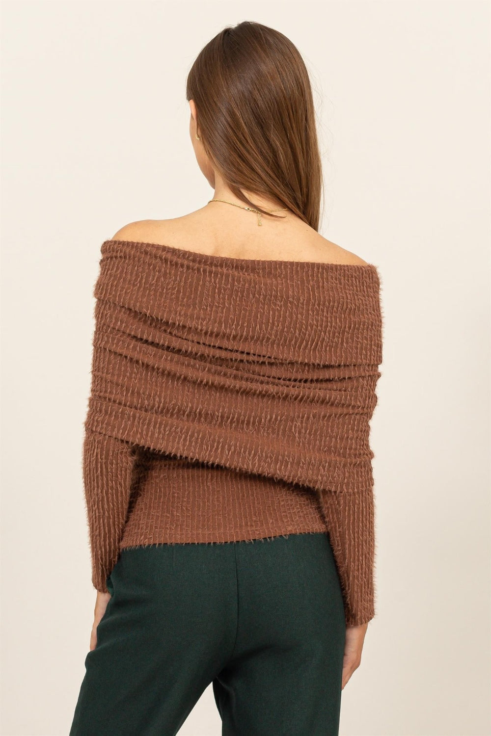 HYFVE Fuzzy Off Shoulder Textured Knit Top