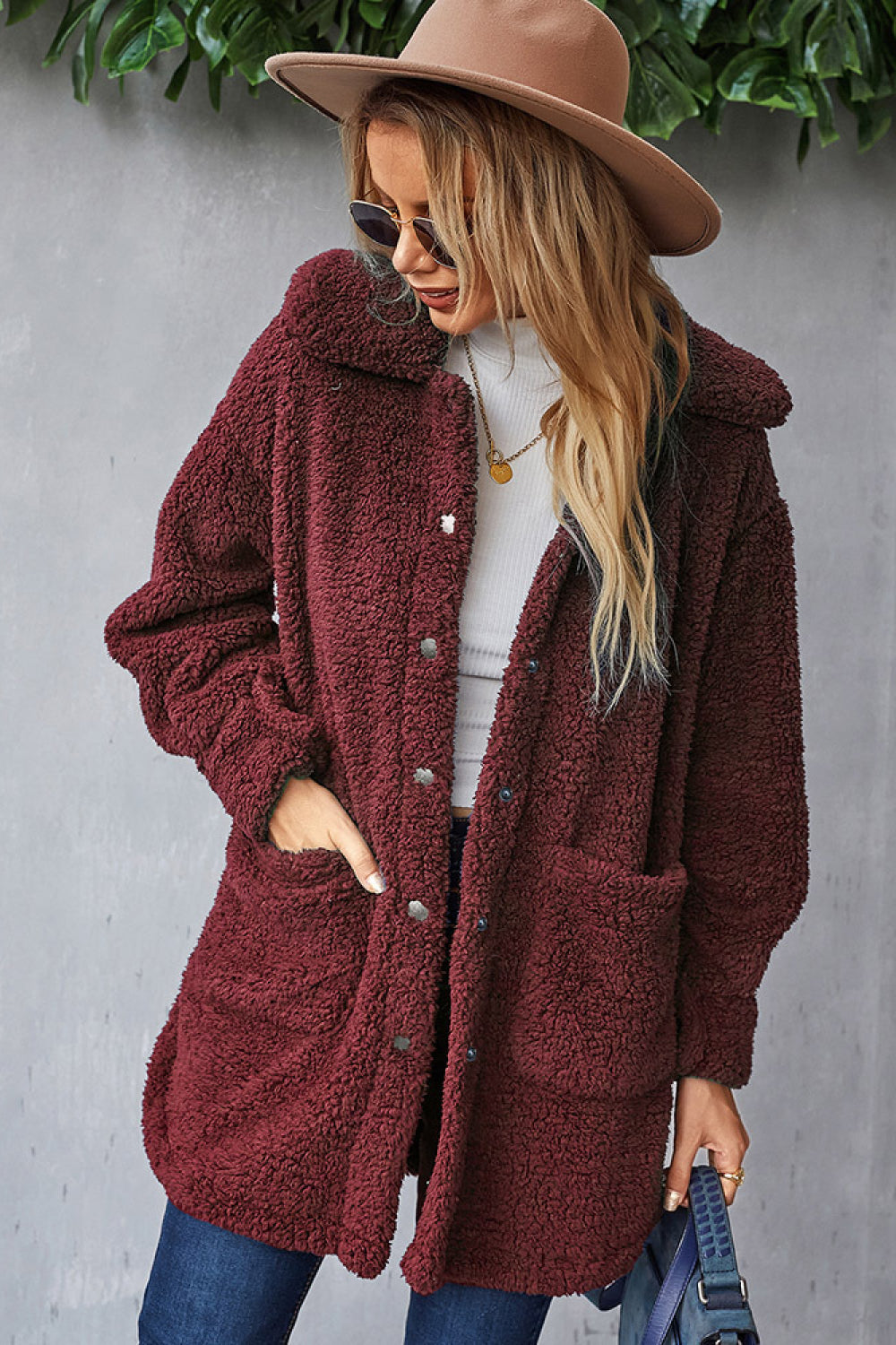 Button Down Pocketed Teddy Coat