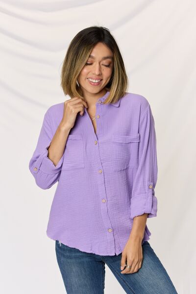 Zenana Texture Button Up Raw Hem Long Sleeve Shirt