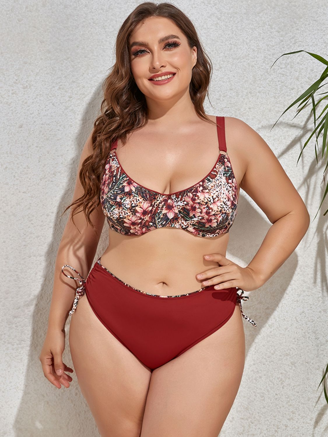 Plus Size Printed V-Neck Drawstring Bikini Set