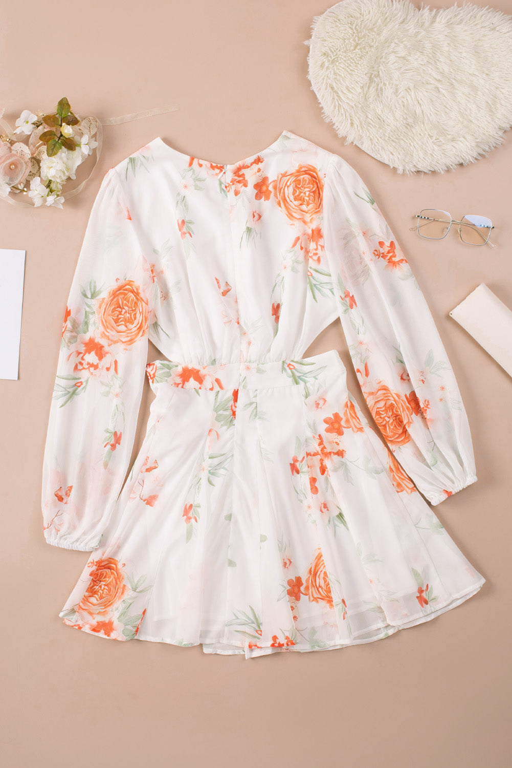 Floral Cutout V-Neck Long Sleeve Dress