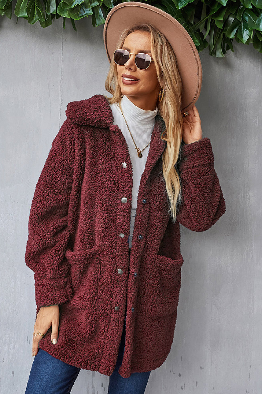 Button Down Pocketed Teddy Coat