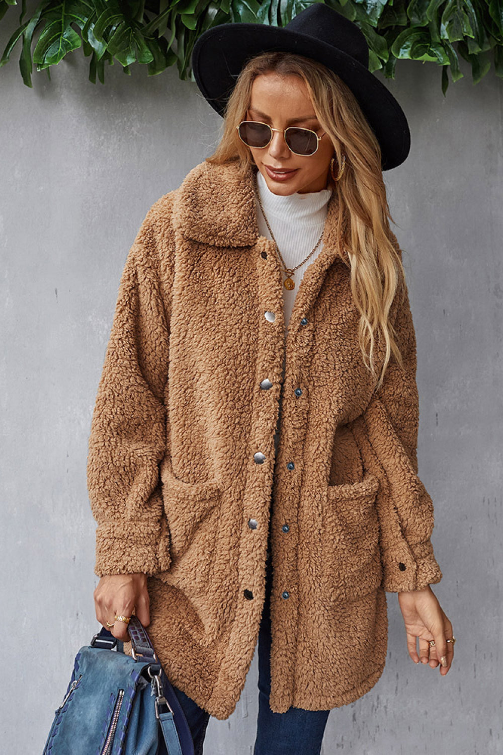 Button Down Pocketed Teddy Coat