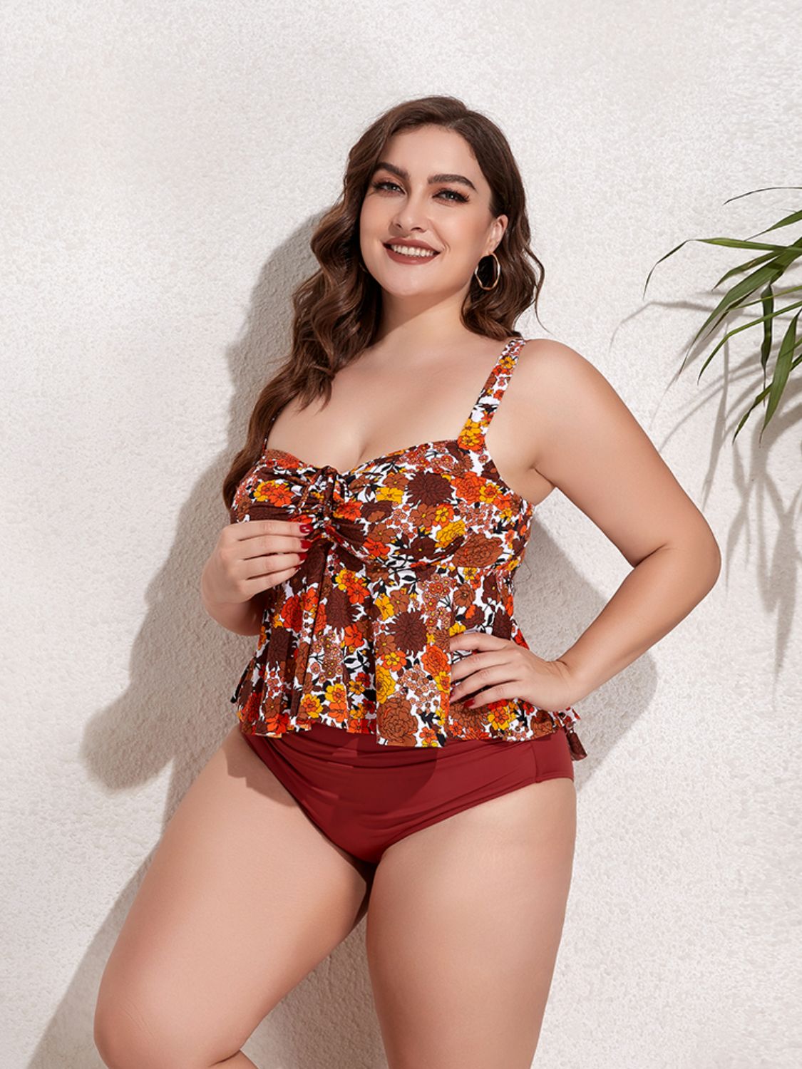 Plus Size Two-Tone Drawstring Sleeveless Tankini Set