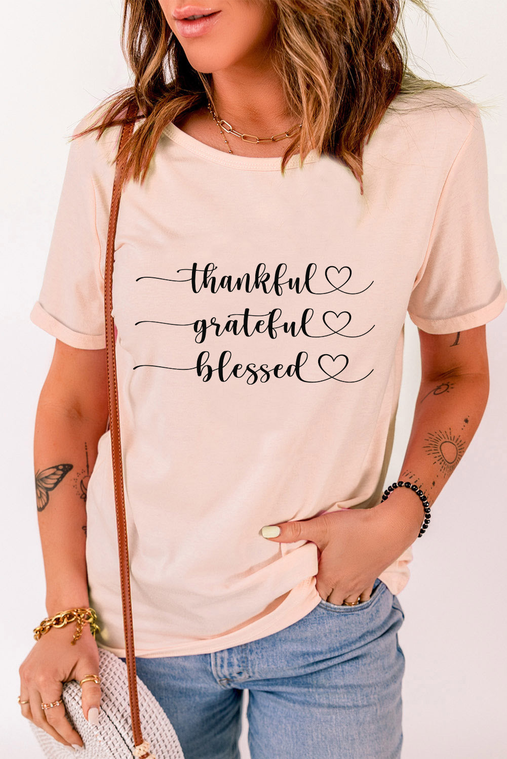 THANKFUL GRATEFUL BLESSED Graphic Round Neck Tee