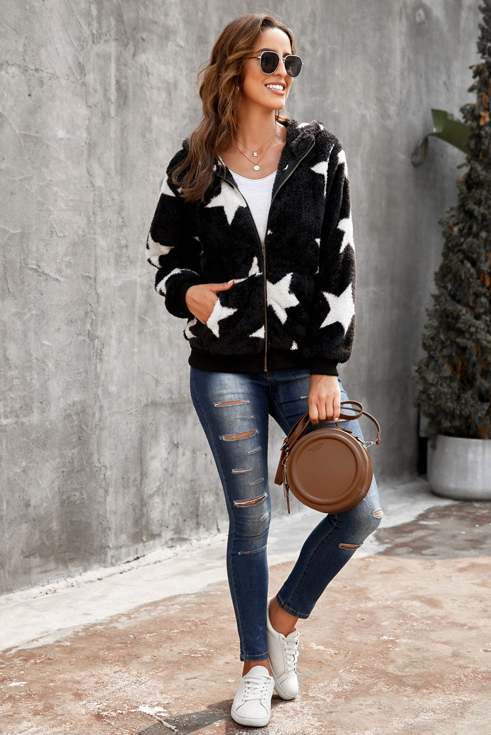 Star Print Zipper Fleece Hooded Coat