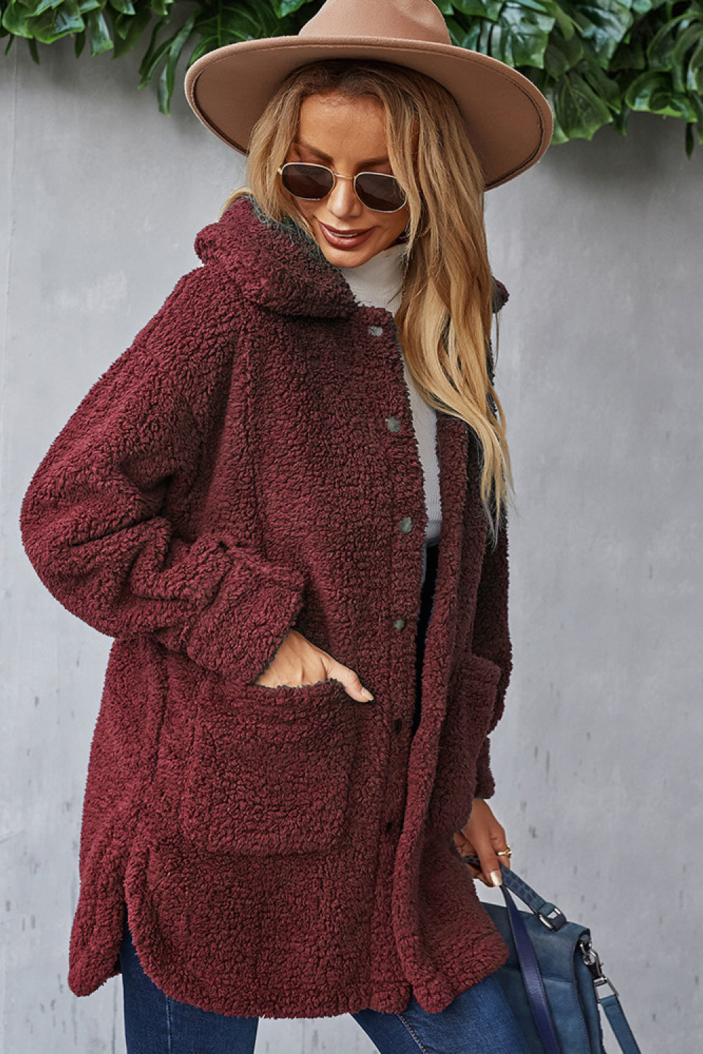 Button Down Pocketed Teddy Coat