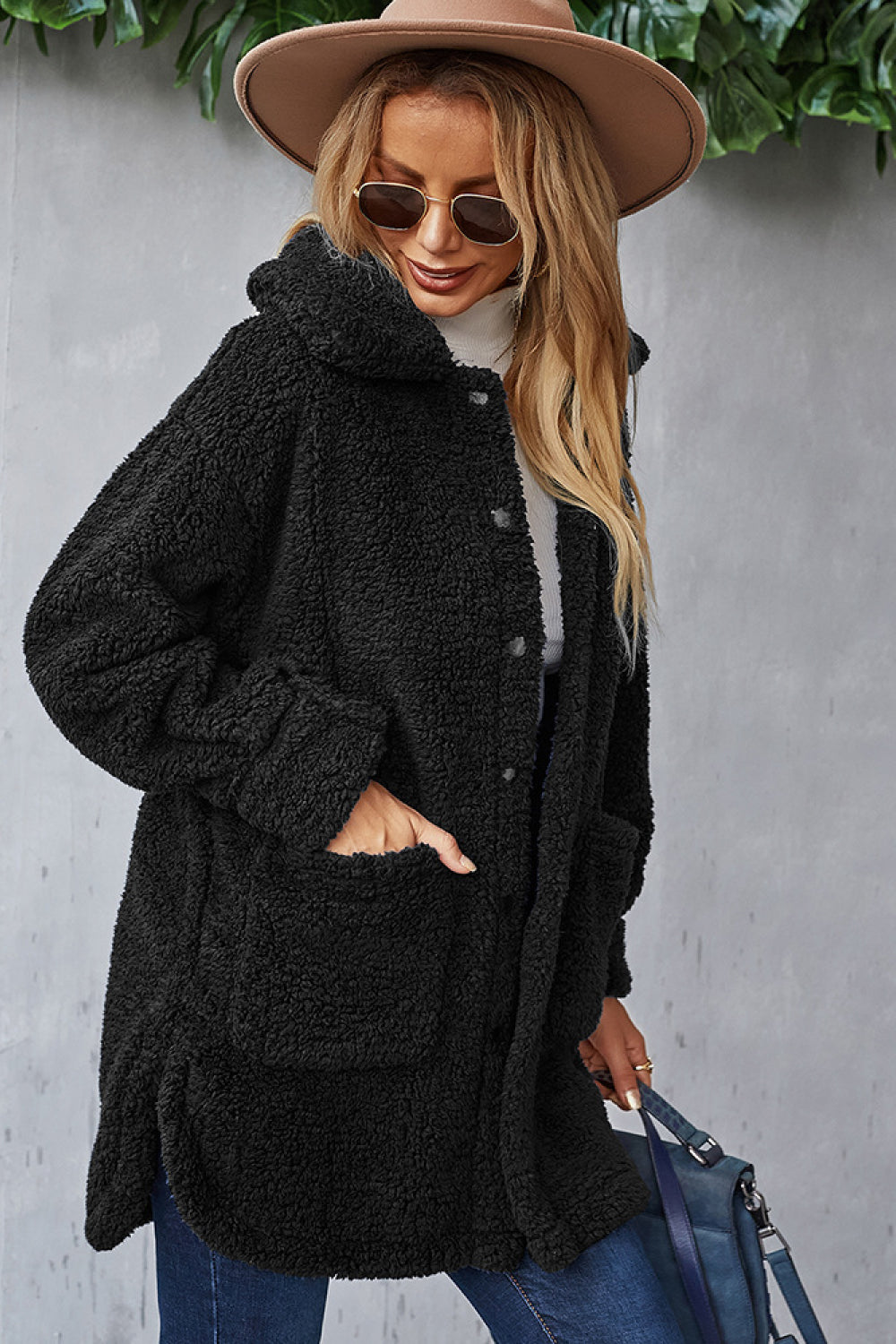 Button Down Pocketed Teddy Coat