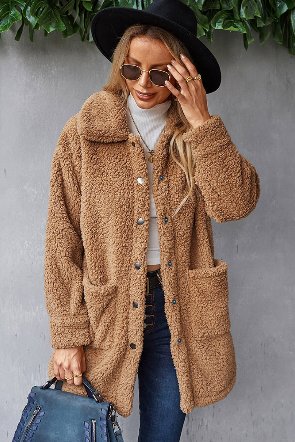 Button Down Pocketed Teddy Coat