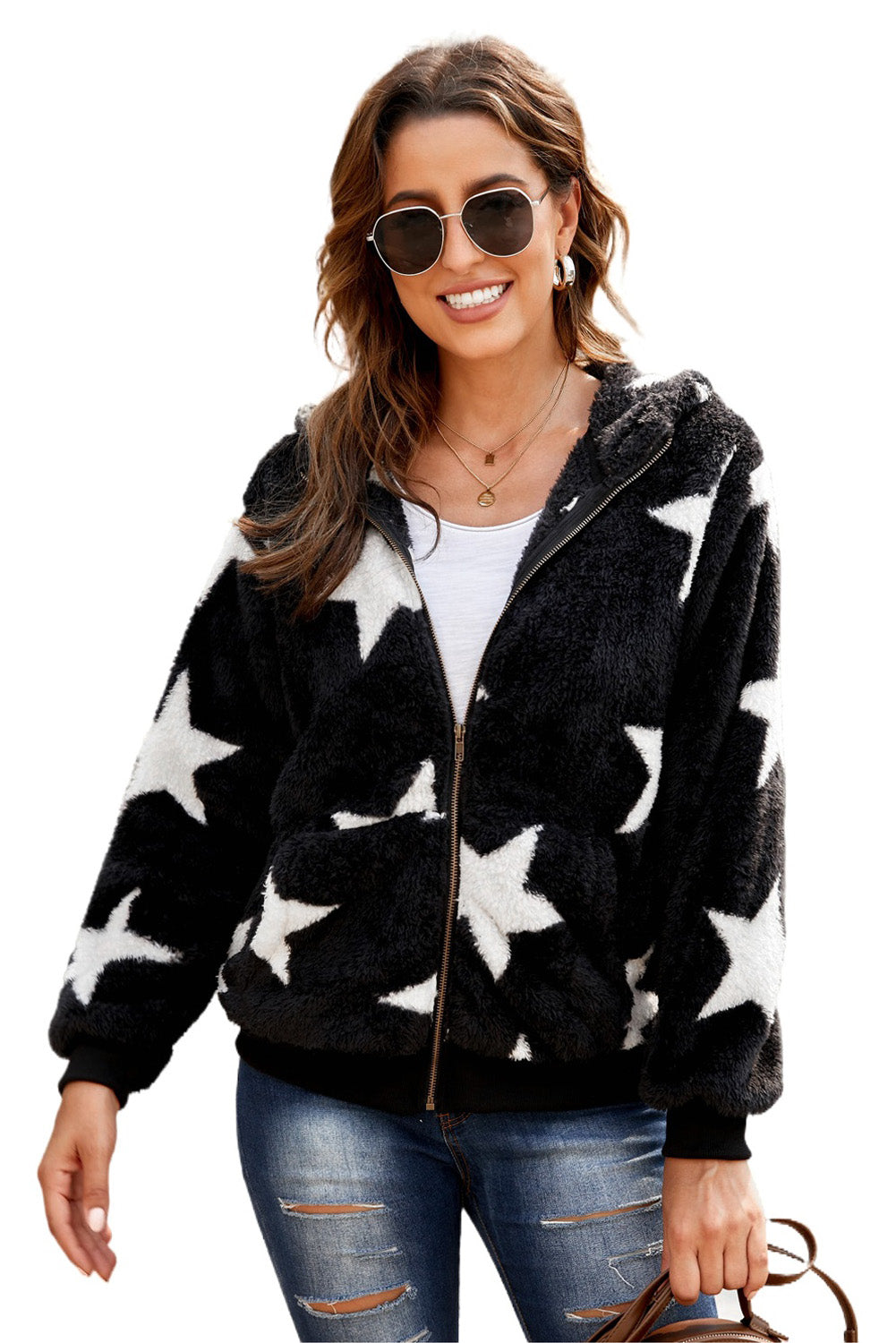 Star Print Zipper Fleece Hooded Coat