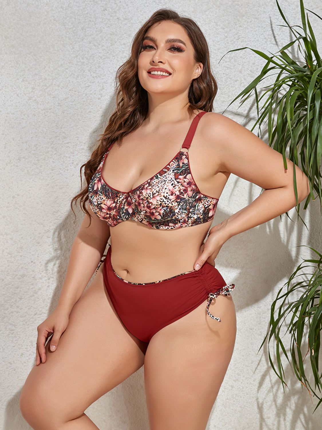 Plus Size Printed V-Neck Drawstring Bikini Set