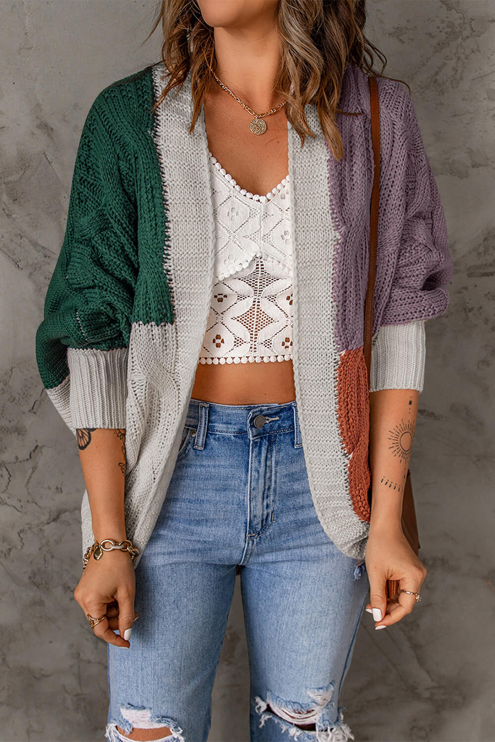 Color Block Cable-Knit Batwing Sleeve Cardigan