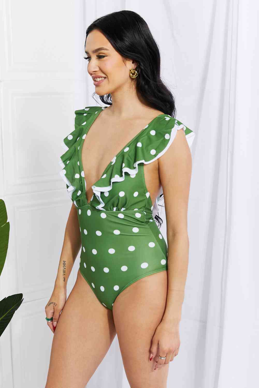 Marina West Swim Moonlit Dip Ruffle Plunge Swimsuit in Mid Green