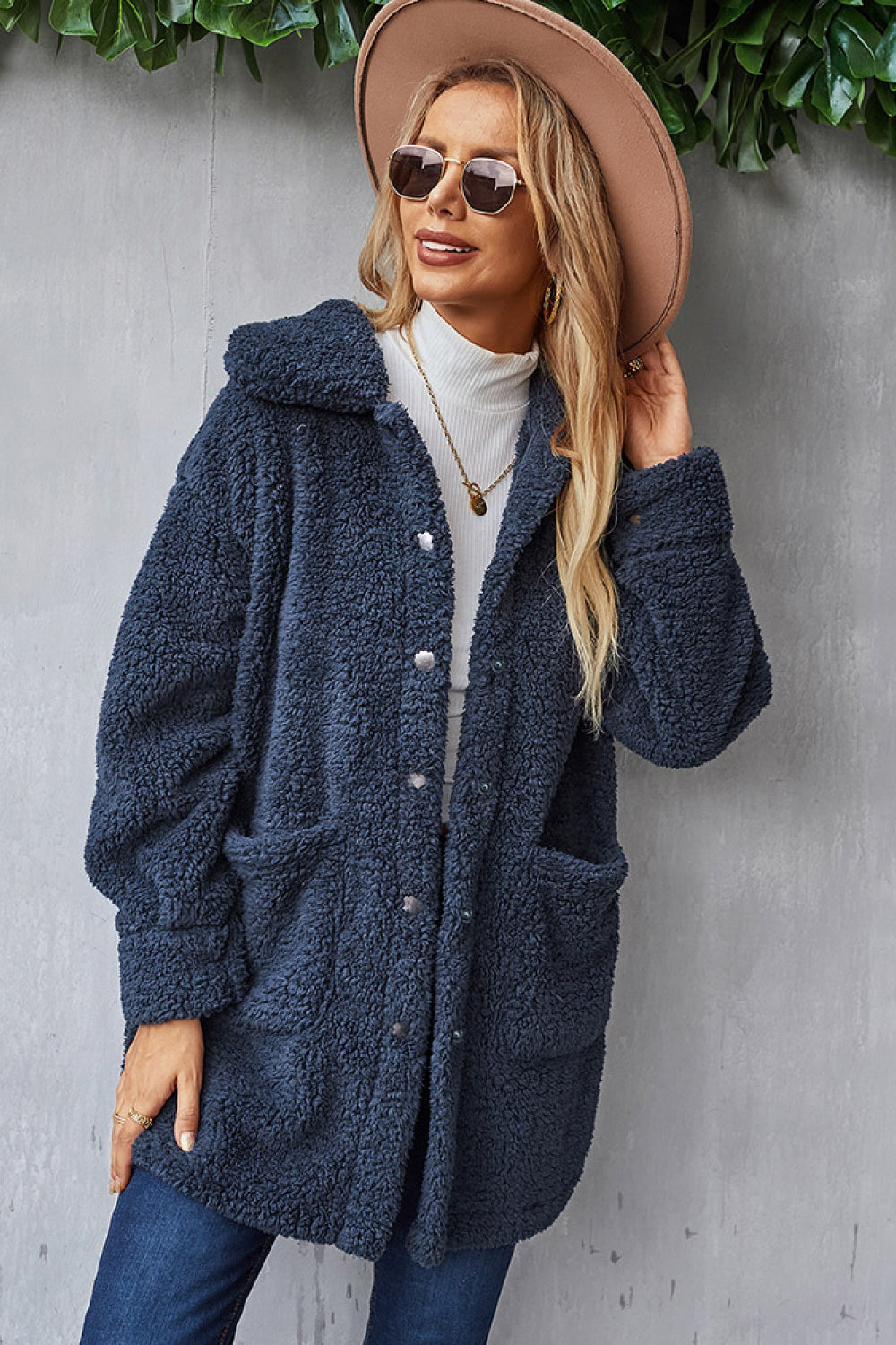 Button Down Pocketed Teddy Coat