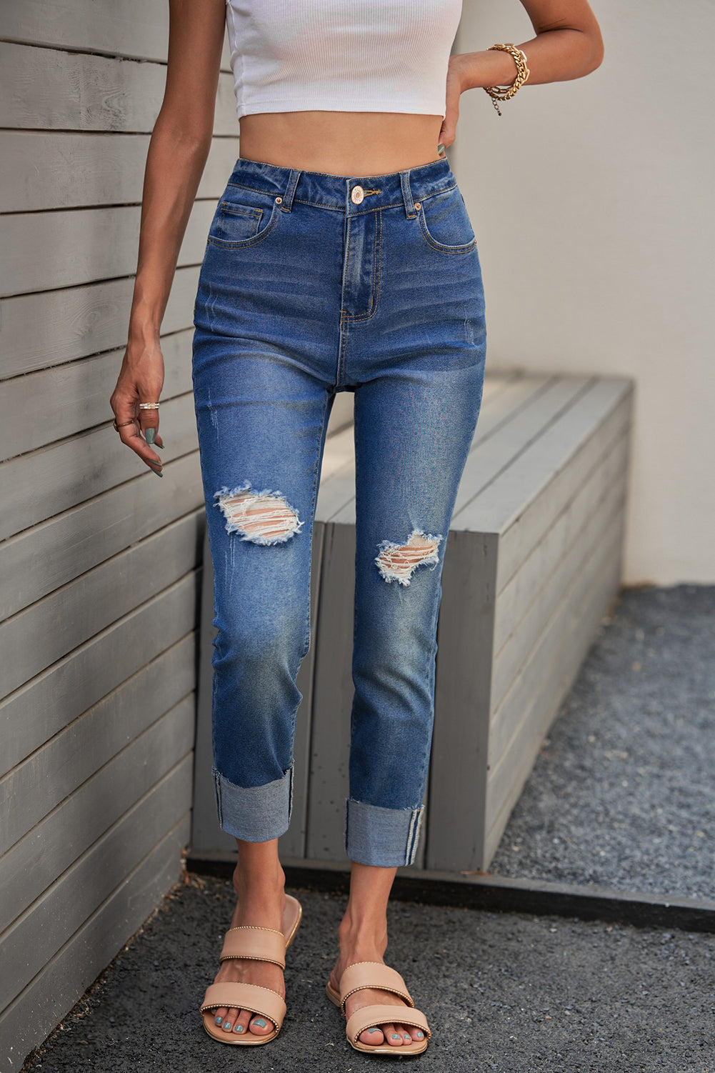 Distressed Skinny Raw Hem Jeans