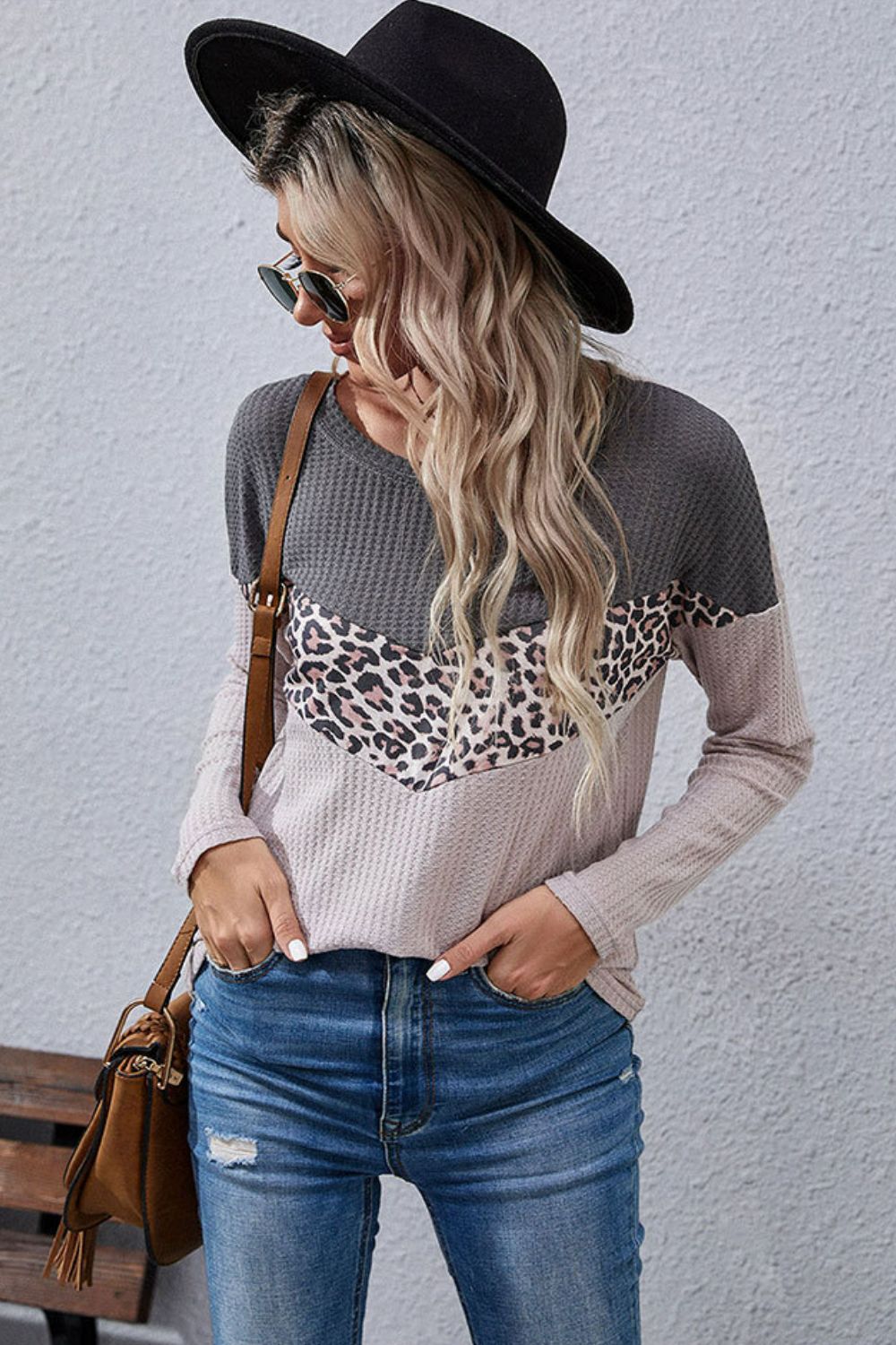 Leopard Color Block Waffle-Knit Top