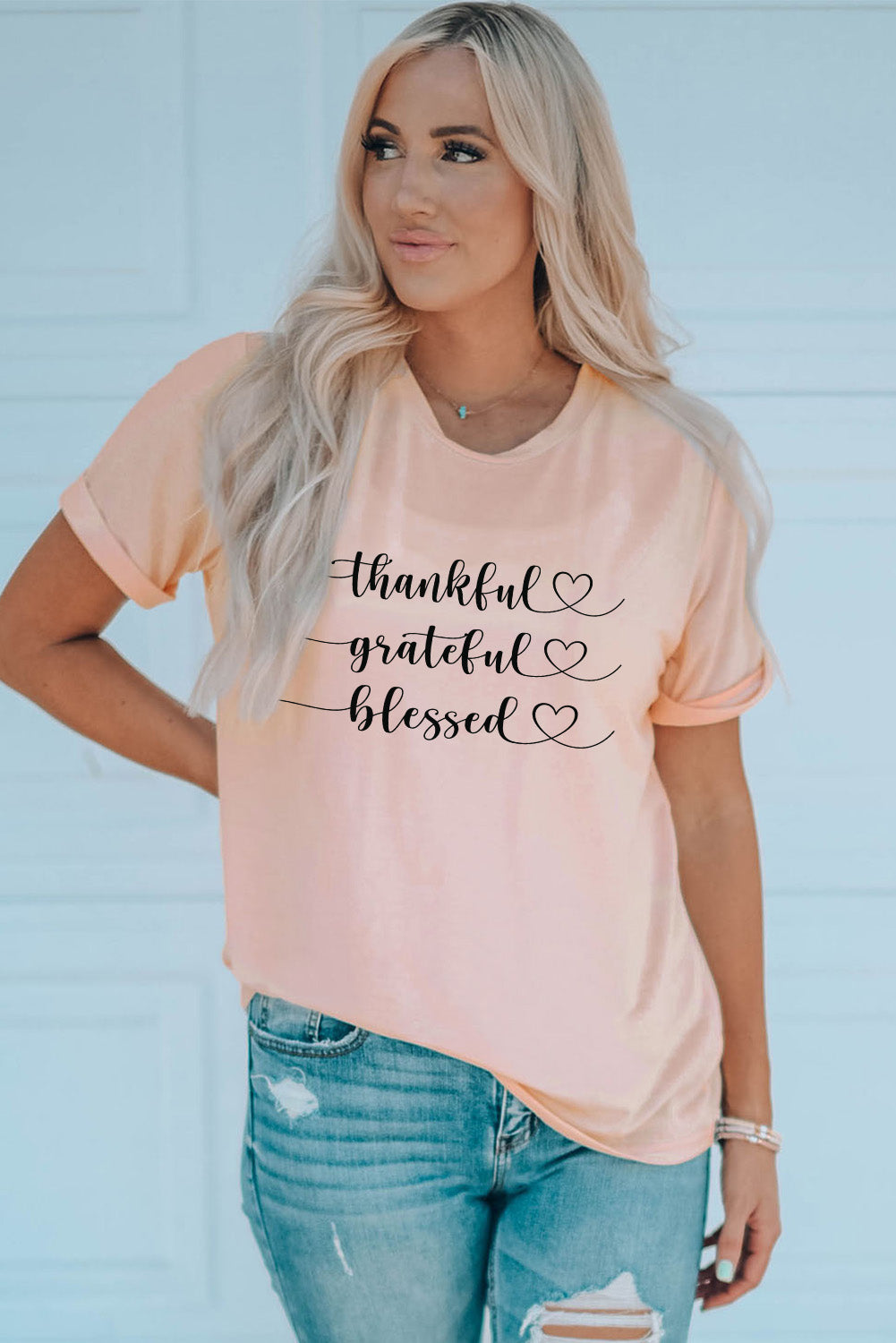 THANKFUL GRATEFUL BLESSED Graphic Round Neck Tee