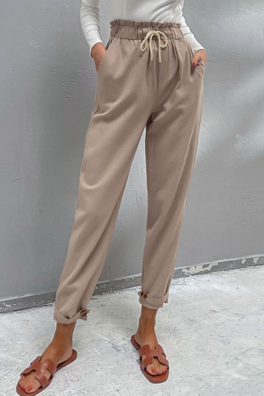 Drawstring Paperbag Waist Button Detail Pants