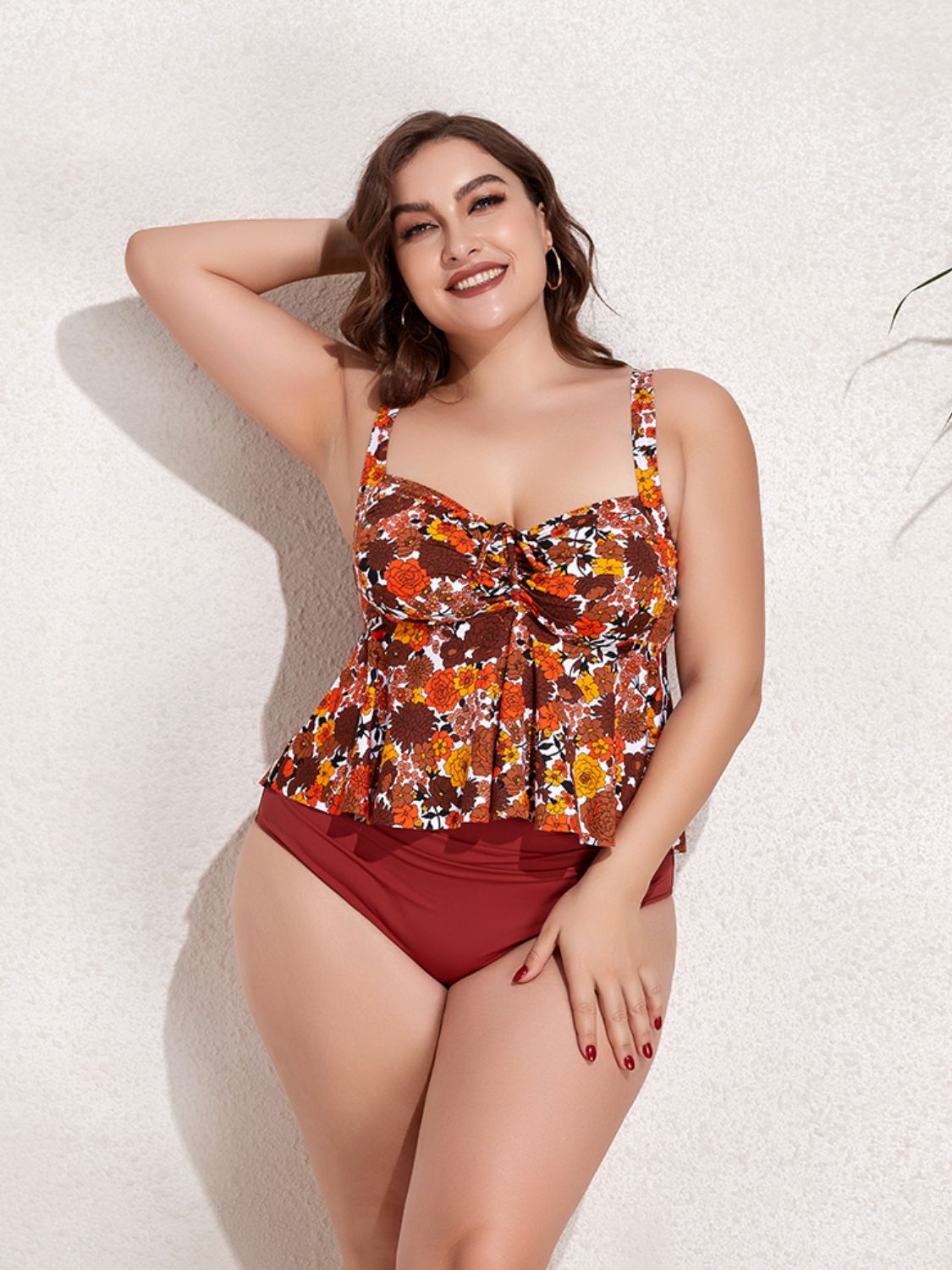 Plus Size Two-Tone Drawstring Sleeveless Tankini Set