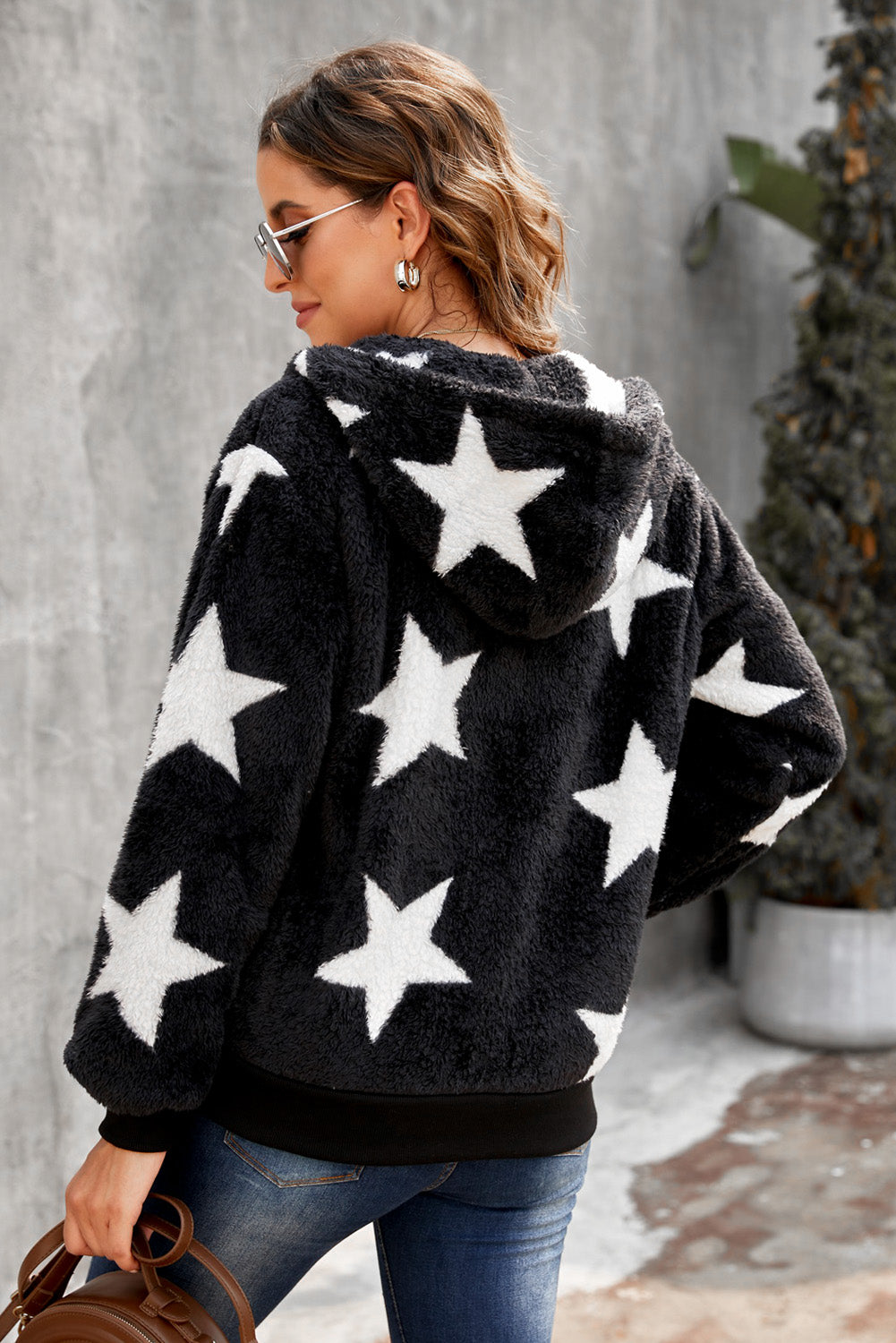 Star Print Zipper Fleece Hooded Coat