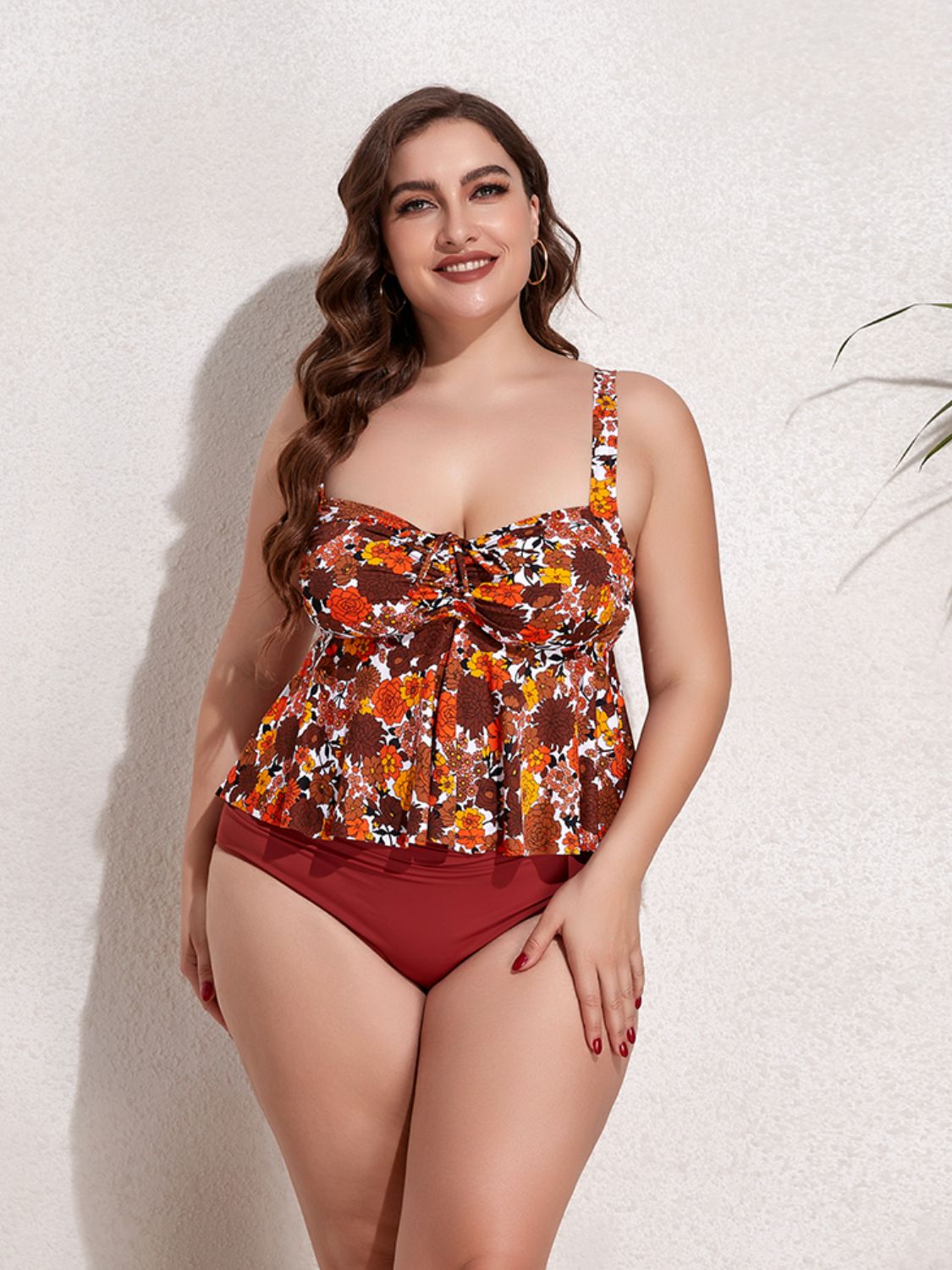 Plus Size Two-Tone Drawstring Sleeveless Tankini Set