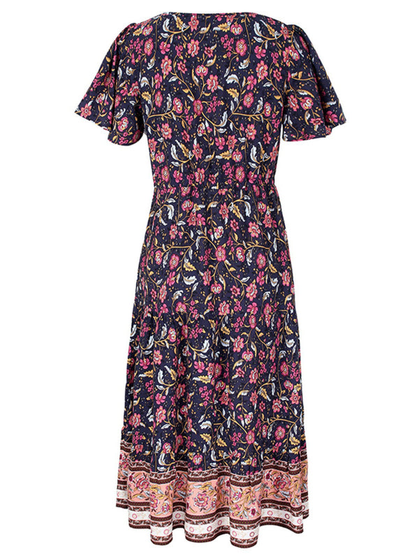 Slim-fit small floral print single-breasted mid-length V-neck short-sleeved dress
